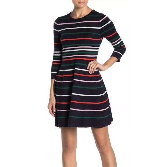 Vince Camuto Dresses & Skirts - Vince Camuto Ottoman Dark Navy Multi Color Stripe 3/4 Sleeve Knit Sweater Dress